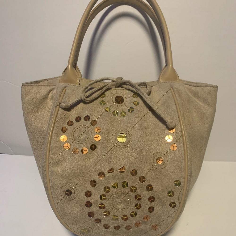 Bath and Body Works Elegant Beige Tote Bag with Gold Sequin Accents 10”x9”